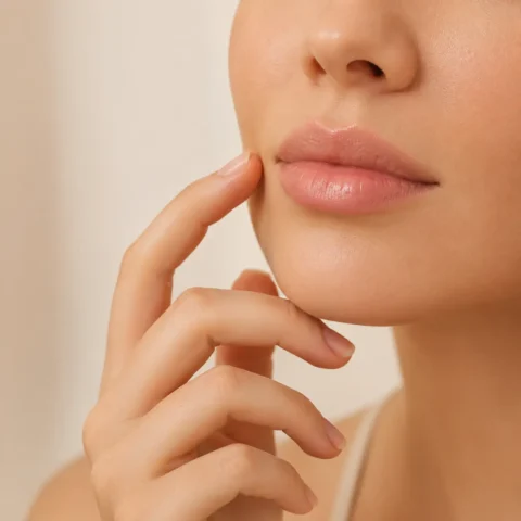 Elegant close-up of natural lips and lower face for a COSMOGLOW aesthetic treatment card