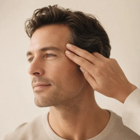 Minimalist aesthetic medicine image showing a subtle facial expression-lines consultation cue