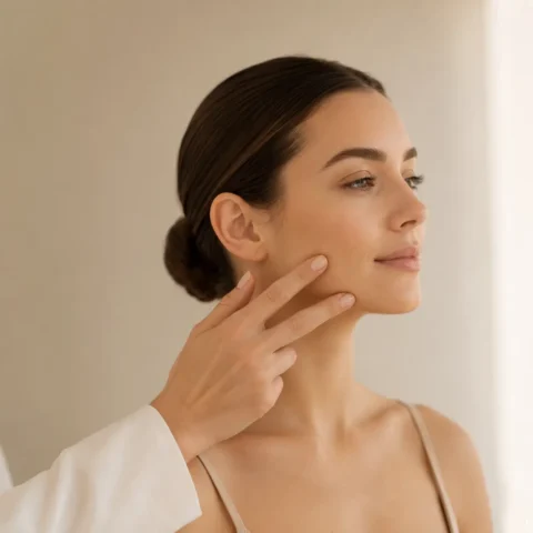 Minimalist facial harmonisation image with a refined profile and subtle treatment planning cue