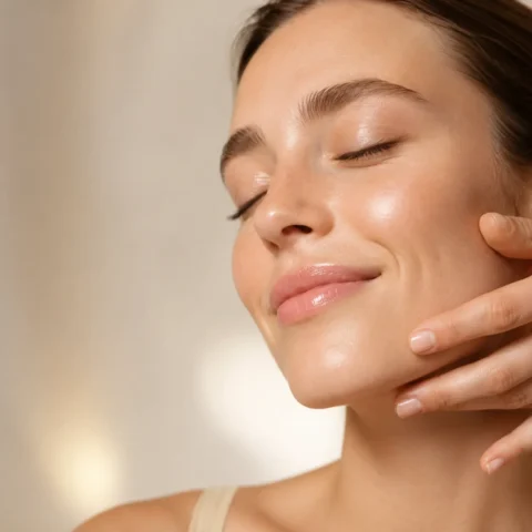 Premium skincare aesthetic image with luminous healthy skin and a soft treatment cue