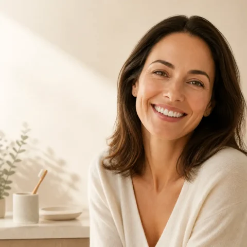 Mujer sonriente que representa la atención dental personalizada en COSMOGLOW